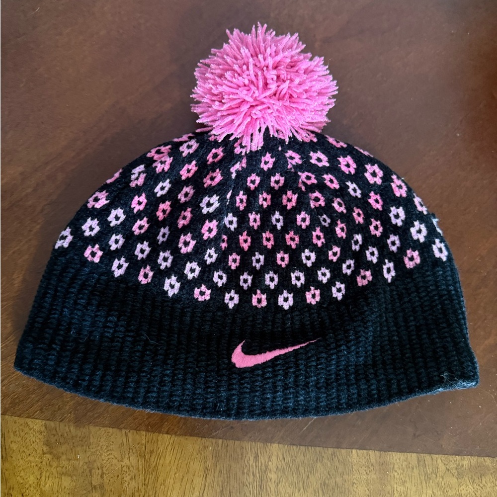 Nike Black Beanie with Pink Pattern and Pom-Pom
